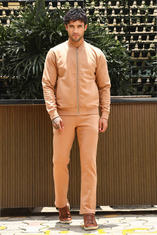 Men’s Solid Tracksuit Set | Stand Collar Zip-Up Jacket & Drawstring Joggers | Cotton Blend | Mid-Rise Flat Front | 4 Pockets | Long Sleeves | Casual Athleisure Wear