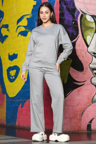 ONE SKY Women's Embroidered Round Neck Tracksuit | Cotton Blend Solid Co-ord Set with Long Sleeve Top & Drawstring Mid-Rise Pants | 2 Pockets | Flat Front