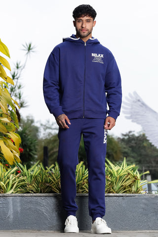 Men's Hooded Tracksuit Set | Typography Print Cotton Blend | Zip-Up Hoodie & Slip-On Joggers | Mid-Rise Fit | Long Sleeves | 4 Pockets | Casual Athleisure Streetwear