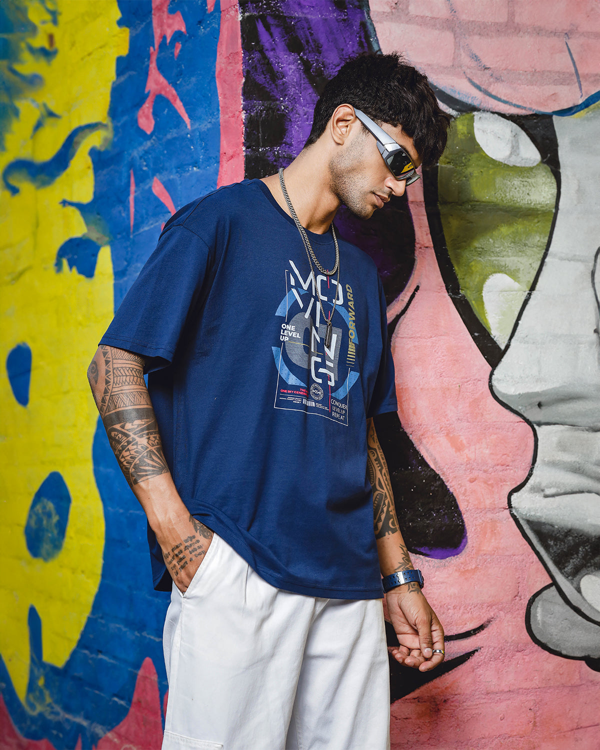 Men's Printed Round Neck Pure Cotton Blue Oversize T-Shirt