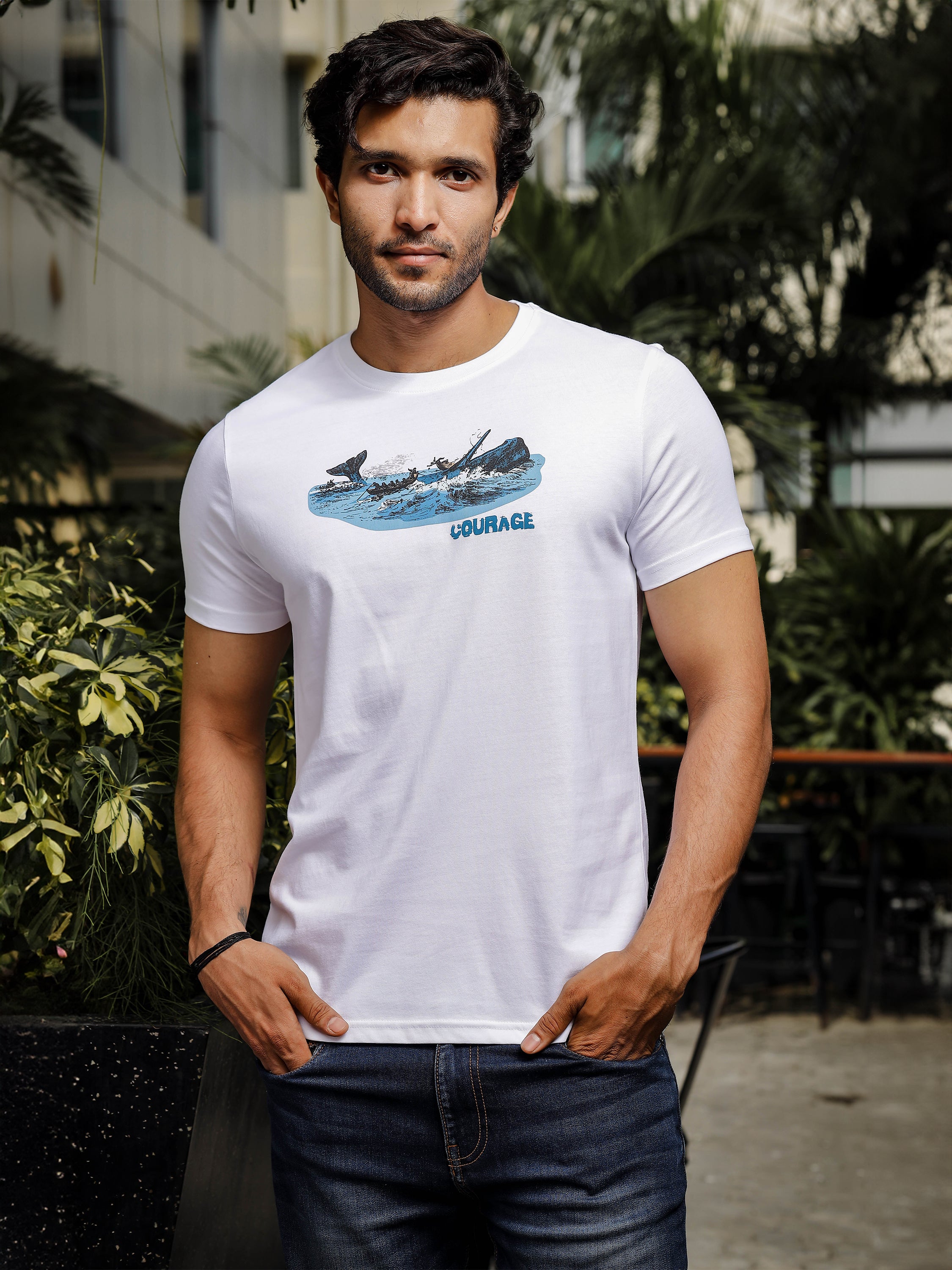 Mens Printed Round Neck White T-Shirt
