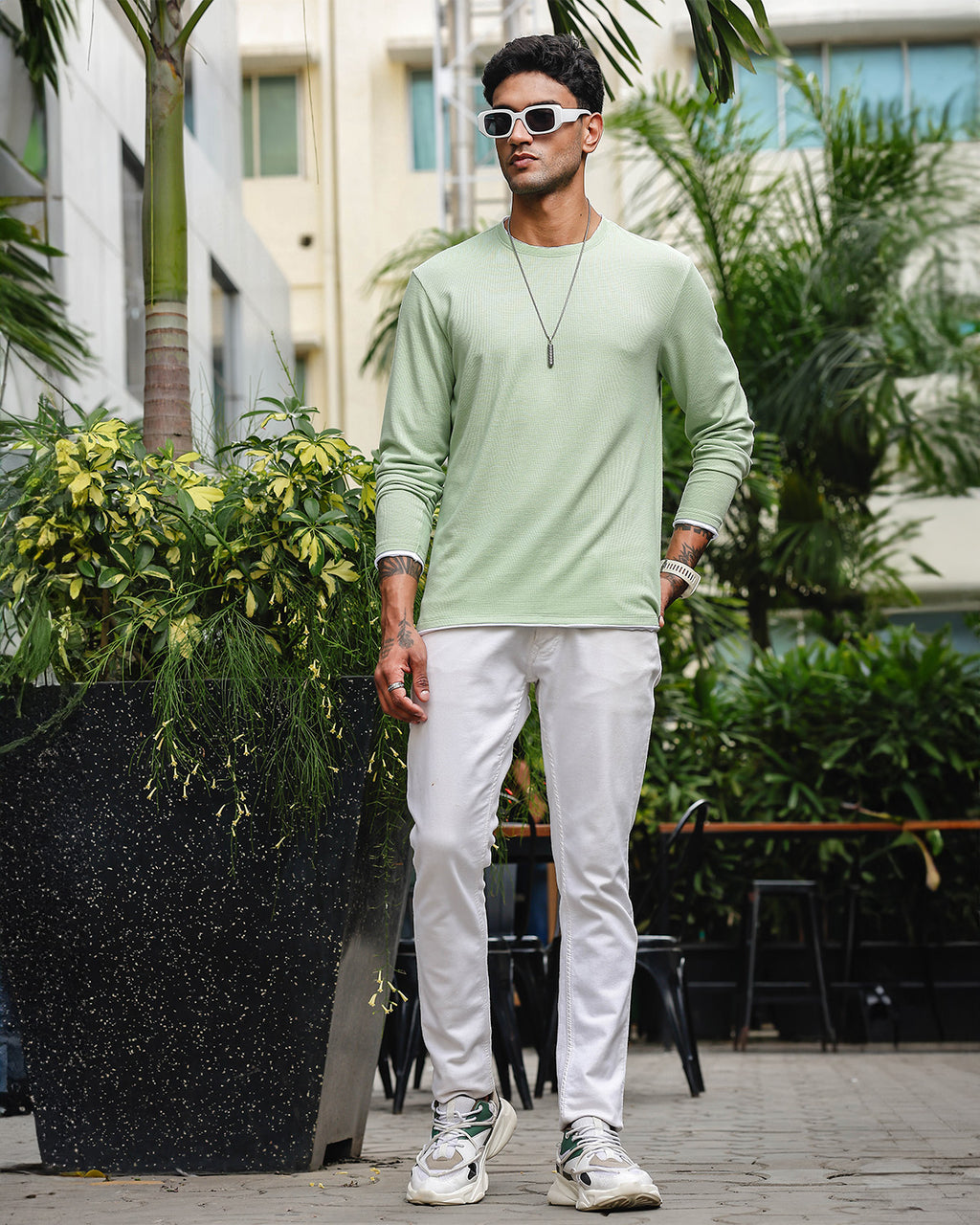 Men's Green Self Textured Full Sleeve Crew Neck T-shirt
