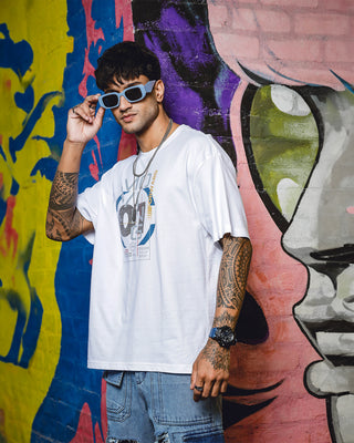 Men's Printed Round Neck Pure Cotton White Oversize T-Shirt