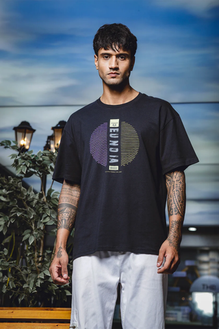 Men's Oversize Printed Round Neck Pure Cotton Black T-Shirt