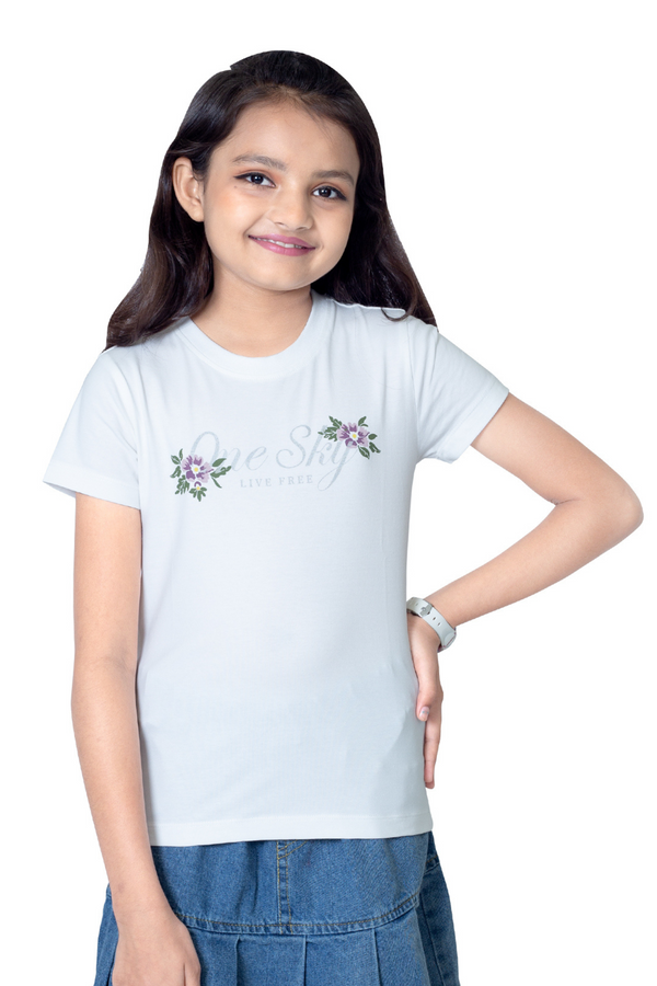 Girls White Round Neck T-Shirt