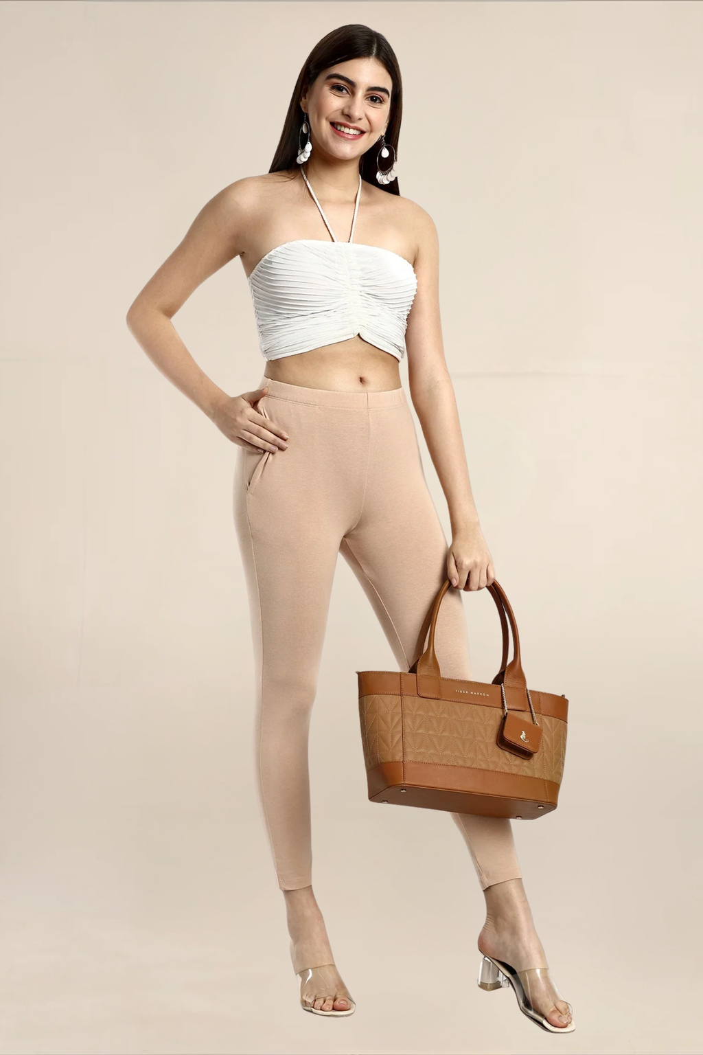 Women Cream Ankle Length Legging