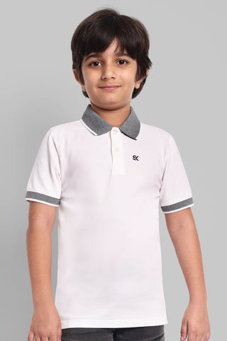 Boys Designed Collared Polo Tshirt White