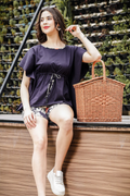 Womens Black Cotton Co-ord Set  - Printed Shorts With Solid Pattern Kaftan Top