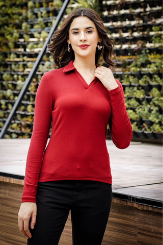 Womens Full Sleeve Polo Neck Winery Top