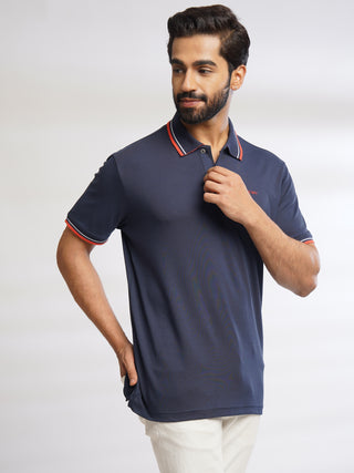 Men Navy Solid Cotton Polo T-Shirt