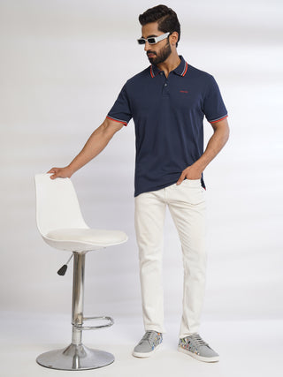 Men Navy Solid Cotton Polo T-Shirt