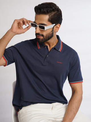 Men Navy Solid Cotton Polo T-Shirt