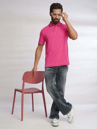 Men Fuchsia Solid Cotton Polo T-Shirt