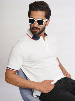 Men White Pure Cotton Polo T-Shirt