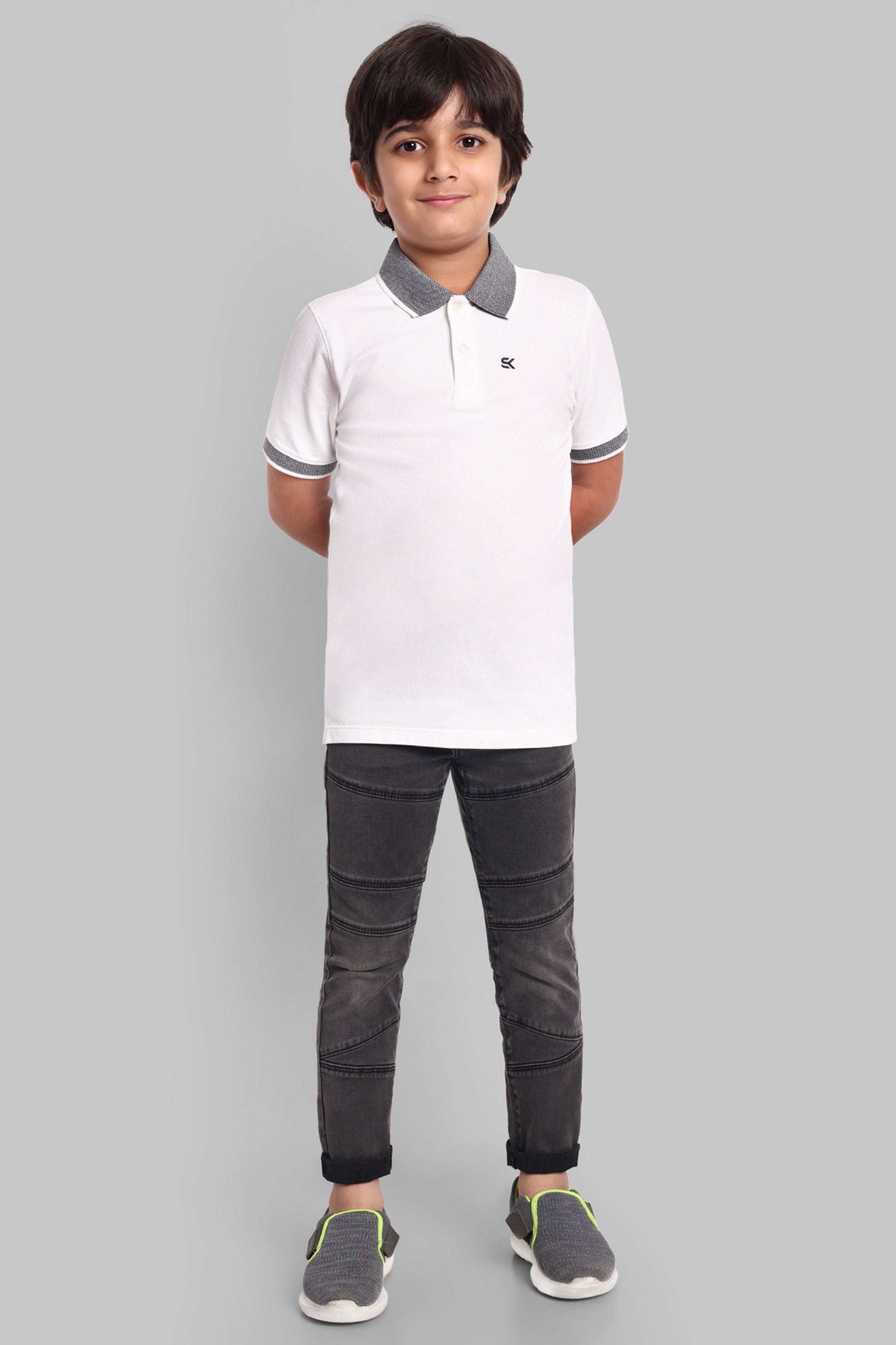 Boys Designed Collared Polo Tshirt White
