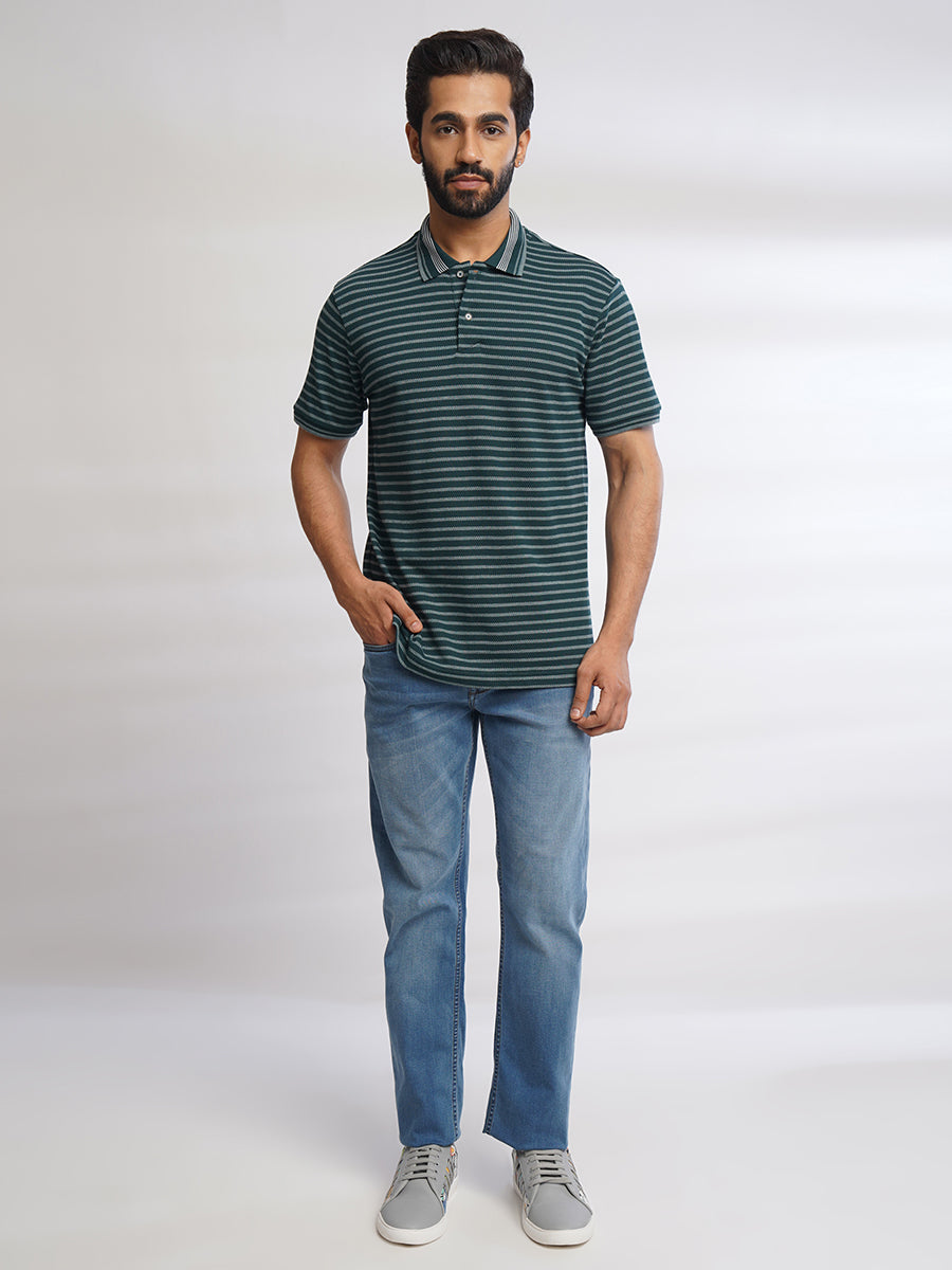 Men Bottle Green Classic Striped Polo T-Shirt