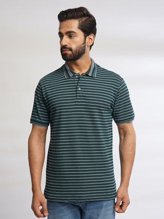 Men Bottle Green Classic Striped Polo T-Shirt