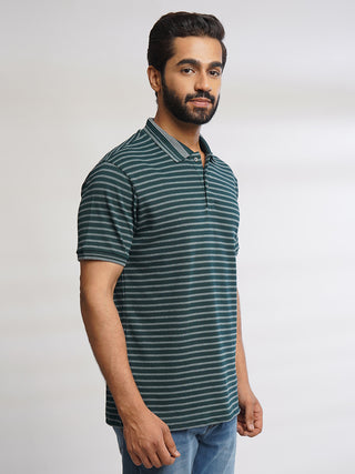 Men Bottle Green Classic Striped Polo T-Shirt