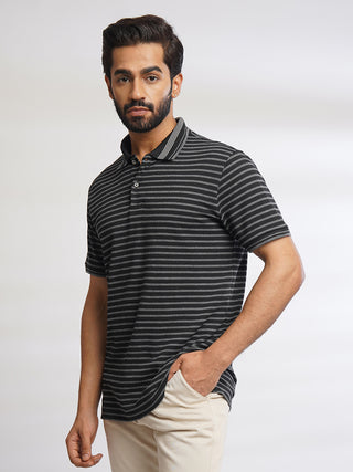 Men Pirate Black Classic Striped Polo T-Shirt