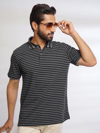 Men Pirate Black Classic Striped Polo T-Shirt