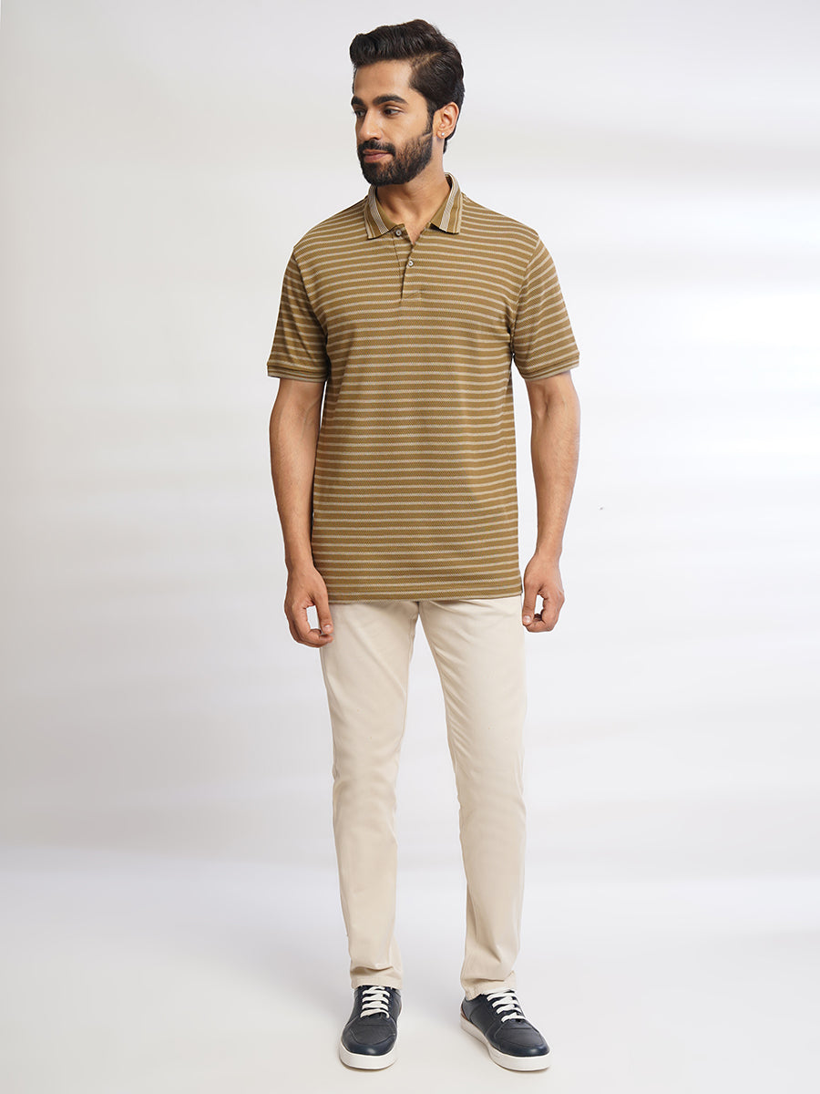 Men Light Brown Classic Striped Polo T-Shirt