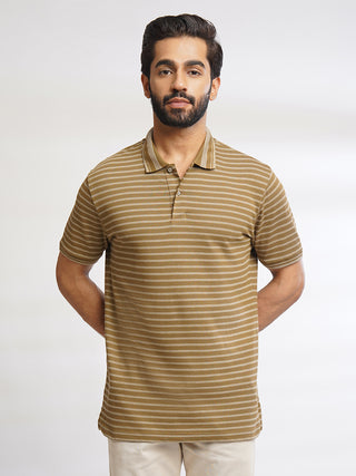 Men Light Brown Classic Striped Polo T-Shirt