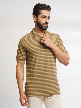 Men Light Brown Classic Striped Polo T-Shirt