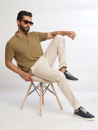 Men Light Brown Classic Striped Polo T-Shirt