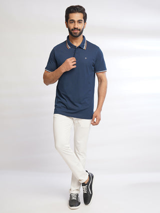 Men Pure Cotton Navy Blue Polo T-Shirt