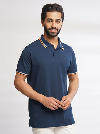 Men Pure Cotton Navy Blue Polo T-Shirt