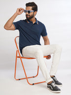 Men Pure Cotton Navy Blue Polo T-Shirt