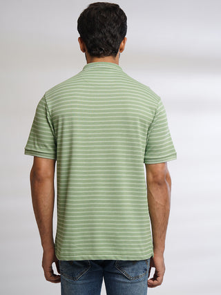 Men Light Green Classic Striped Polo T-Shirt