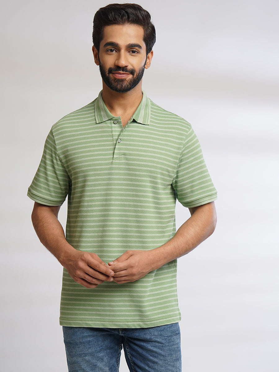 Men Light Green Classic Striped Polo T-Shirt