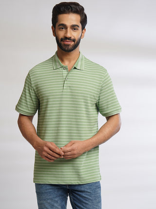 Men Light Green Classic Striped Polo T-Shirt