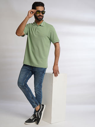 Men Light Green Classic Striped Polo T-Shirt