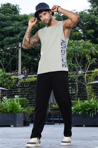 Men's Cotton Stretch Sleeveless Printed Tank Top | Round Neck Typography Design | Casual Pullover Vest