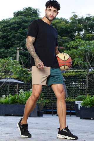 Men's Mid-Rise Colorblock Casual Shorts | Polyester-Spandex Blend | Flat Front with Drawstring | 3 Pockets