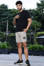 Men's Mid-Rise Typography Printed Casual Shorts | Polyester-Spandex Flat Front with Drawstring | 4 Pockets