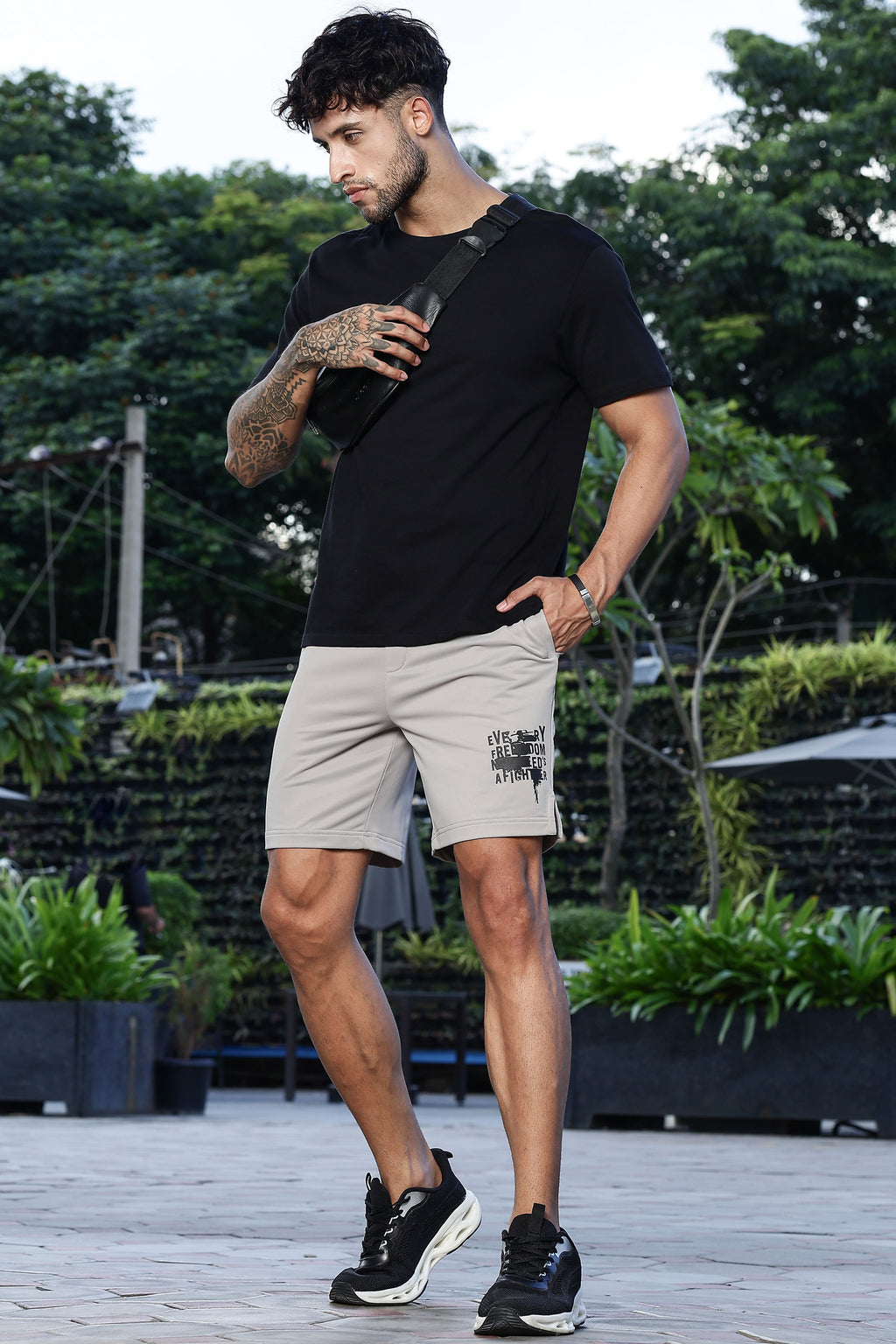 Men's Mid-Rise Typography Printed Casual Shorts | Polyester-Spandex Flat Front with Drawstring | 4 Pockets