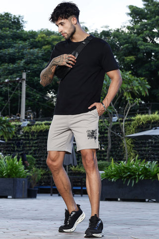 Men's Mid-Rise Typography Printed Casual Shorts | Polyester-Spandex Flat Front with Drawstring | 4 Pockets