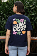 WOMEN NAVY DROP SHOULDER SLEEVES T SHIRT