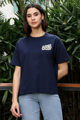 WOMEN NAVY DROP SHOULDER SLEEVES T SHIRT