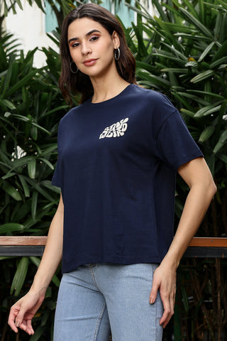 WOMEN NAVY DROP SHOULDER SLEEVES T SHIRT
