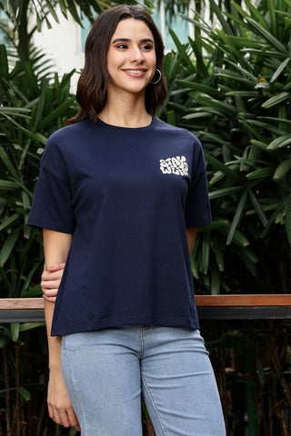 WOMEN NAVY DROP SHOULDER SLEEVES T SHIRT
