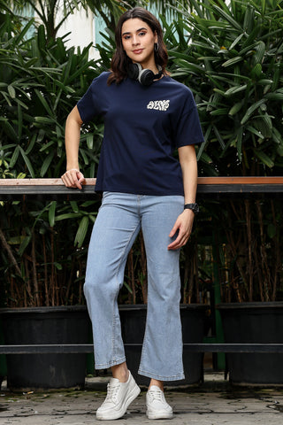 WOMEN NAVY DROP SHOULDER SLEEVES T SHIRT