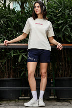 Women's Cotton Bermuda Shorts | Mid-Rise Stretchable Flat Front Shorts with Pockets | Casual Typography Printed Loungewear