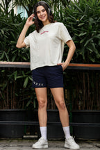 Women's Cotton Bermuda Shorts | Mid-Rise Stretchable Flat Front Shorts with Pockets | Casual Typography Printed Loungewear