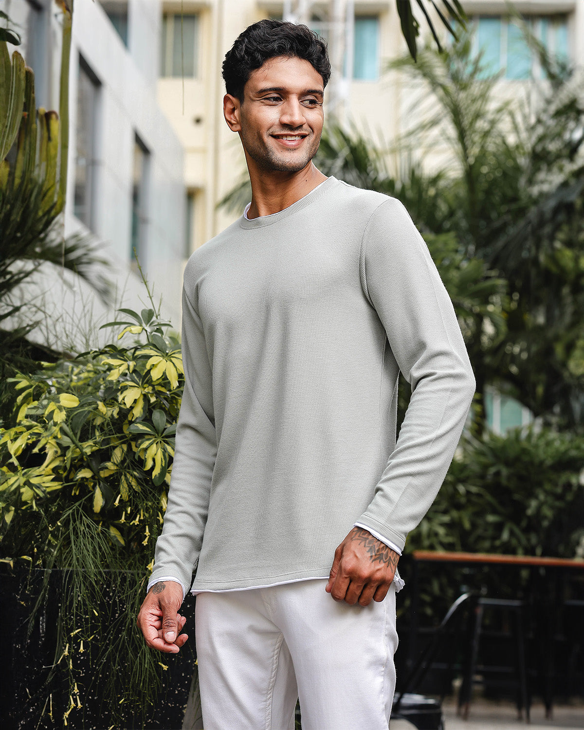 Men's Gray Self Textured Full Sleeve Crew Neck T-shirt