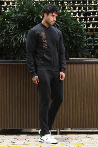 Men’s Typography Printed Tracksuit Set | Stand Collar Zip-Up Jacket & Slip-On Joggers | Cotton Blend | Mid-Rise Flat Front | 4 Pockets | Long Sleeves | Casual Athleisure