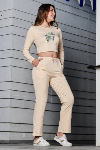 WOMEN ROUND NECK CREAM FULL SLV  CO-ORD SET